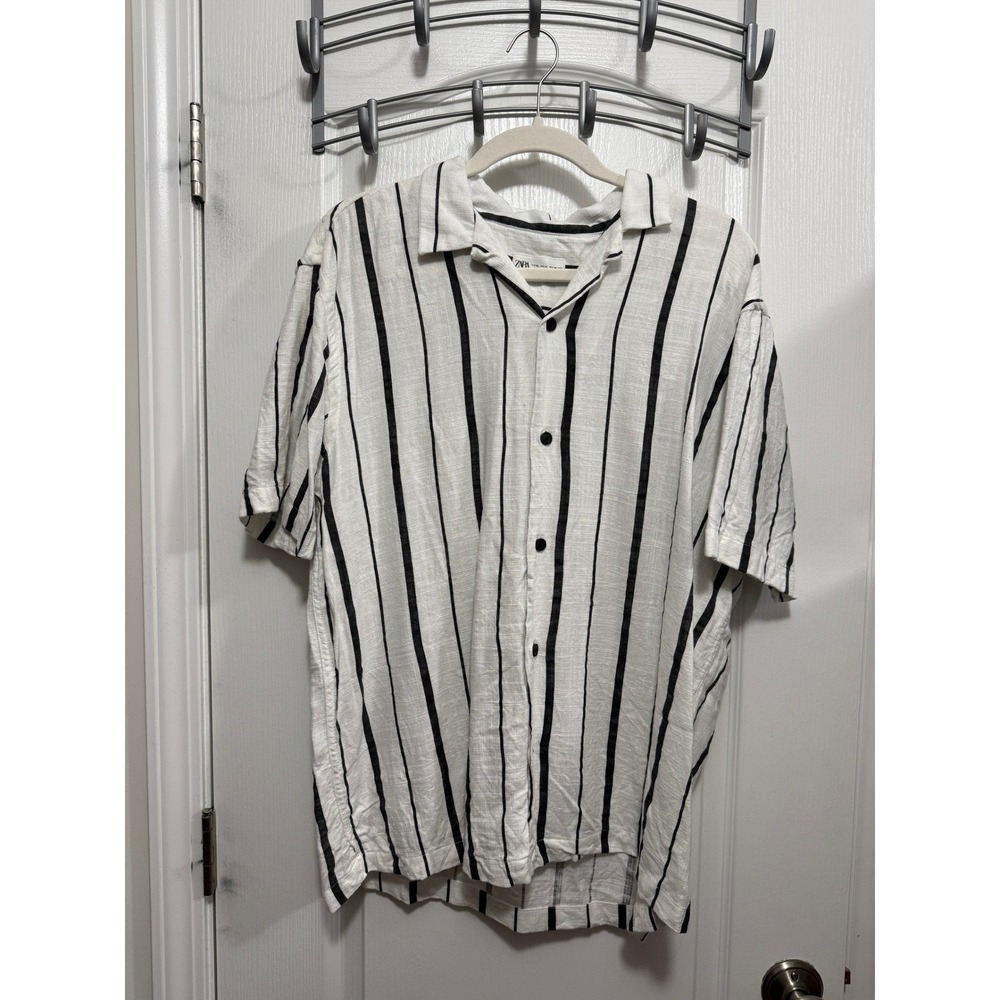 Zara Man XL White Black Vertical Stripe Linen Blend Short Sleeve Camp Shirt - Picture 15 of 16